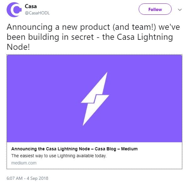 Casa Lightning Node Announcement via Twitter