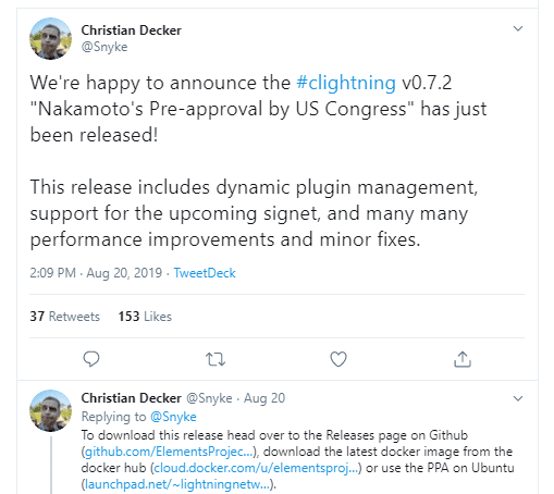 Christian Decker on c-Lightning via Twitter
