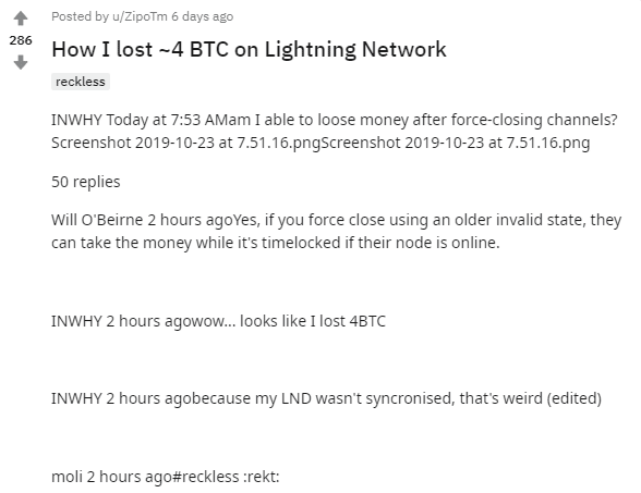Reddit Post Describing the 4 Bitcoin Loss