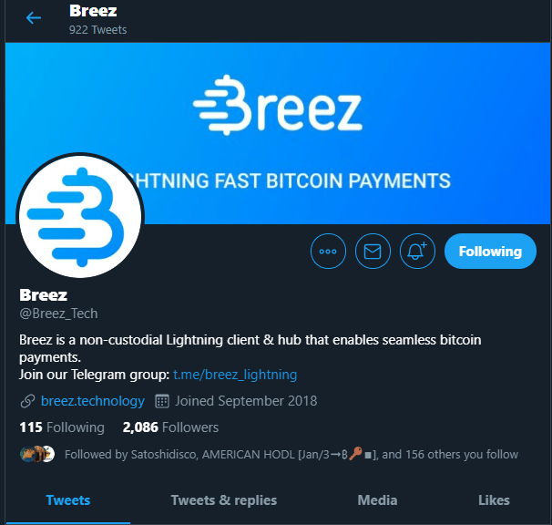 Breeze via Twitter - Lightning Network 2019